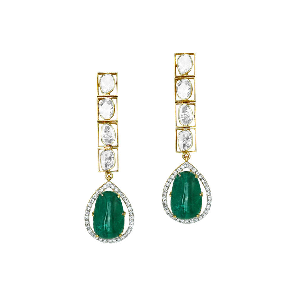 Vertical Polki Earrings with Emerald Drop Highlight